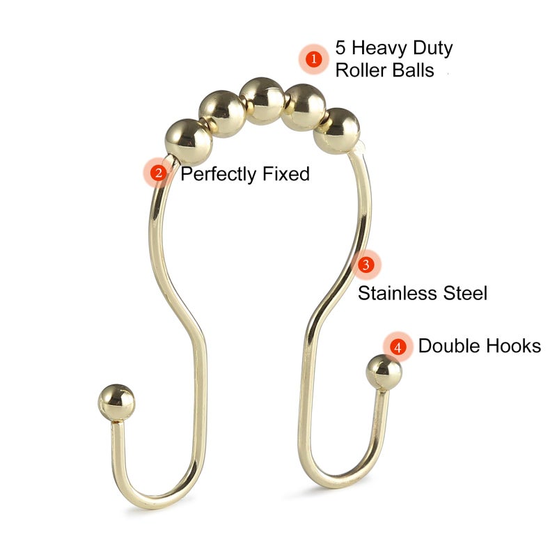 Goowin Shower Curtain Hooks, 12 Pcs Shower Curtain Rings, Stainless Steel Gold Shower Curtain Hooks Rings Rust Proof, Smooth Sliding Anti-Drop Double Shower Hooks for Shower Curtain, Rods (Gold) - Image 4